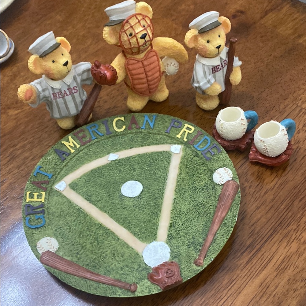 Whimsical baseball bears play resin tea set!